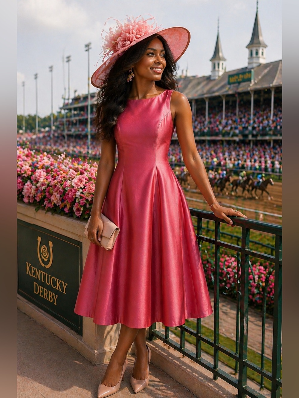 Elda De La Rosa Haute Couture Pink Shantung Silk Midi Dress Kentucky Derby Sz L